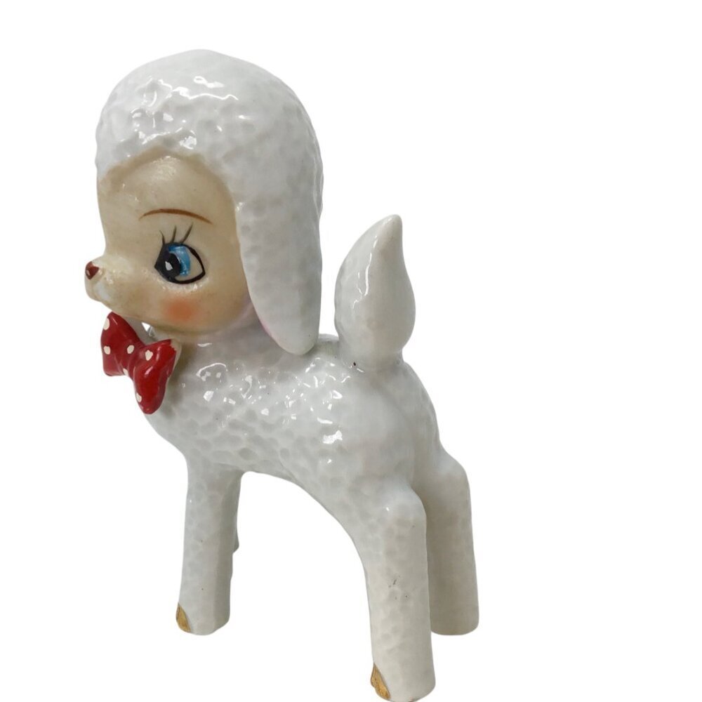 Vintage Athropomorphic White Lamb Red Bow Tie Figure Figurine Japan MCM 50s 60s - Picture 5 of 10